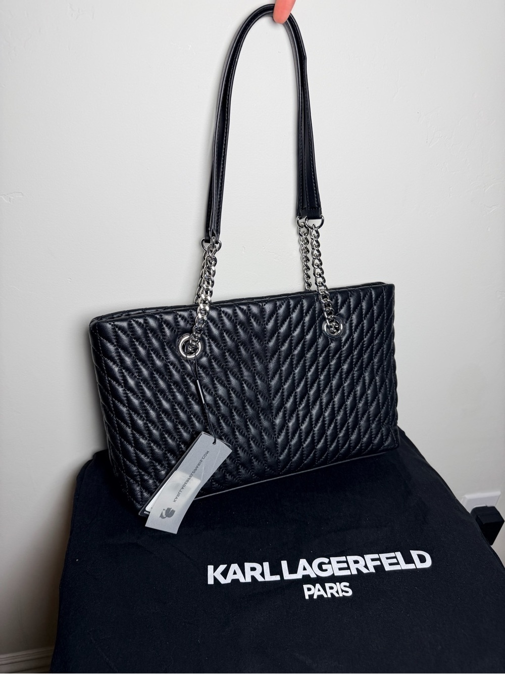 Karl Lagerfeld Black Quilted Tote Silver Chain Straps Paris karolina purse bag - Picture 4 of 8